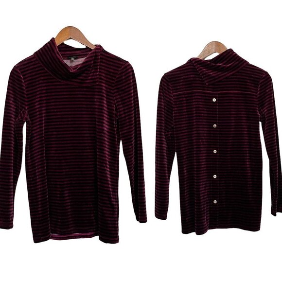 Talbots Women's Burgundy Stripe Velvet Long Sleeve Cowl-Neck Blouse Size XS - Picture 2 of 7
